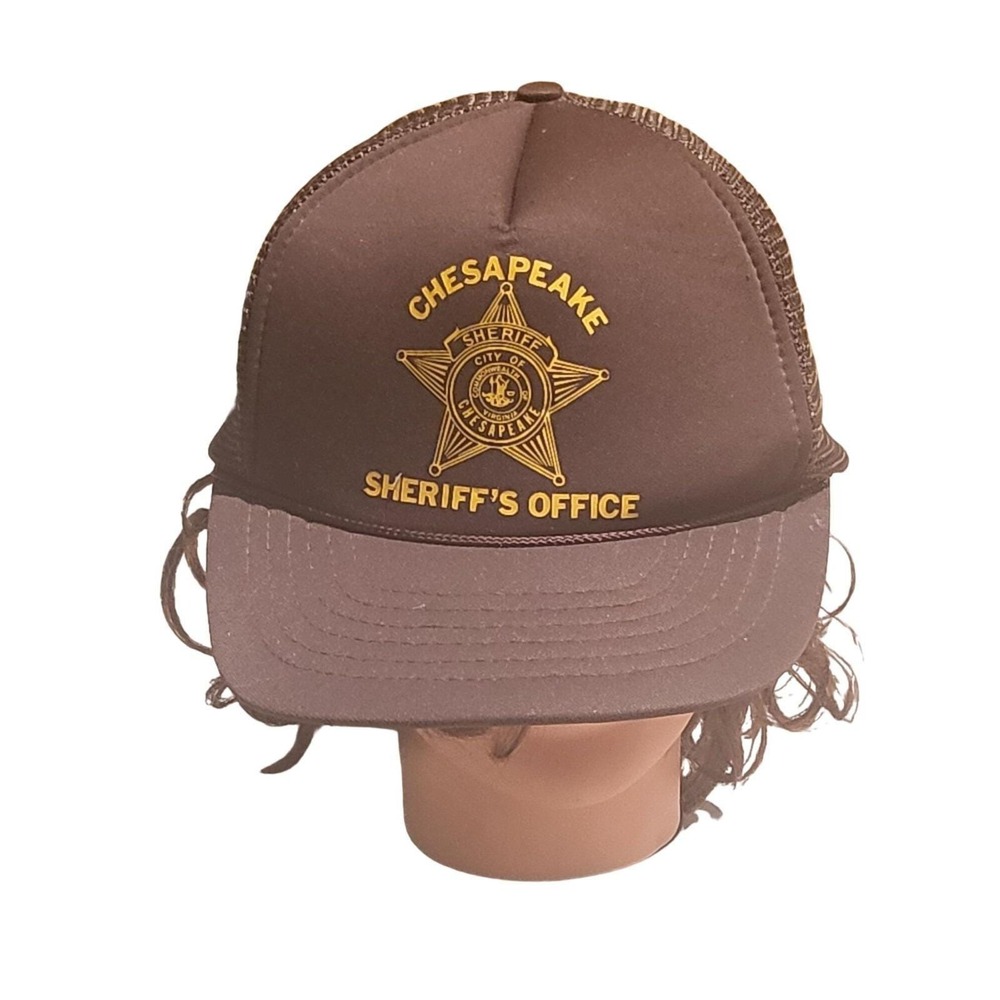 Vtg 80s Nova Trucker Hat Mens L Chesapeake‎ Sheriffs Office Brown Rope Cops Cap